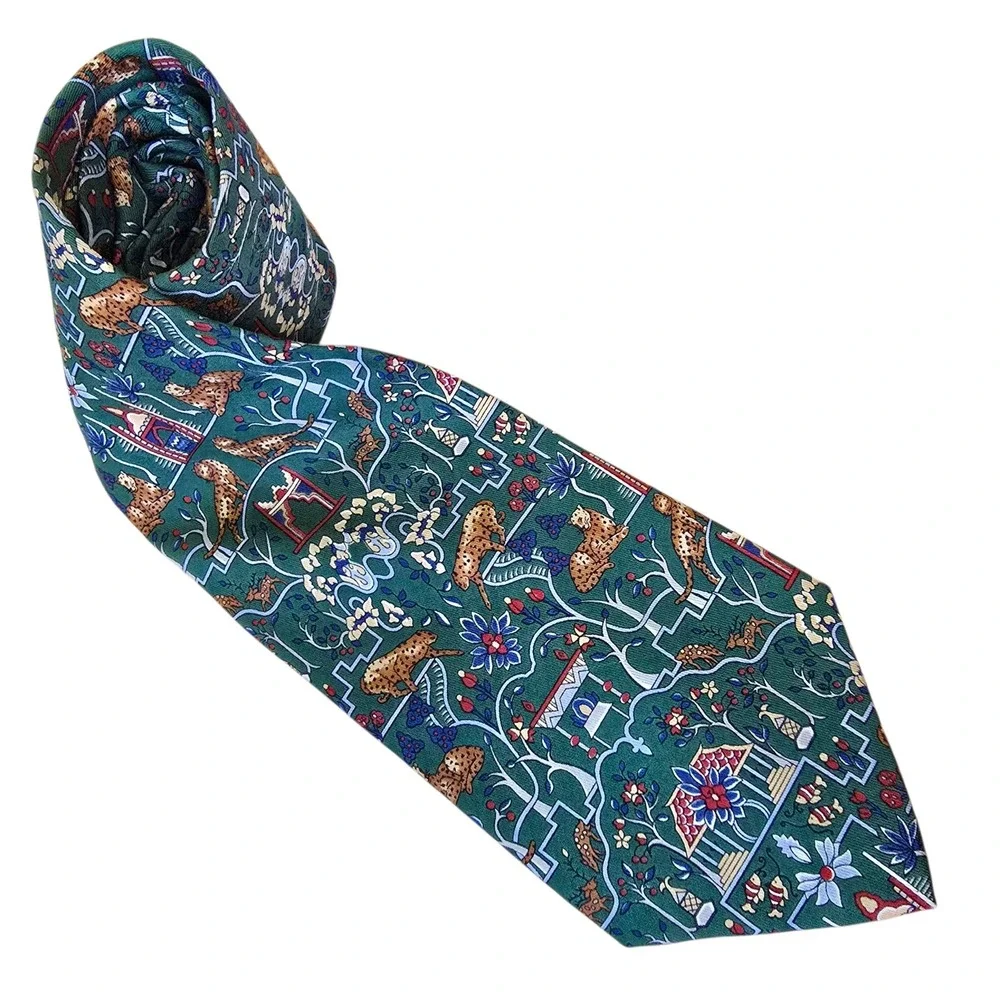 Salvatore Ferragamo‎ Mens Green Silk Jungle Leopard Cheetah Print Tie Italy 3.5
